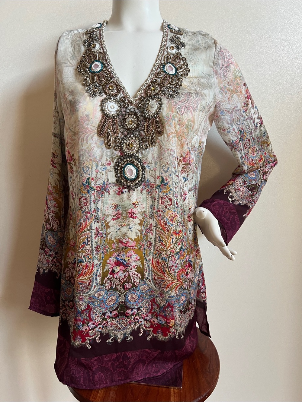 Marvin Embellished V-Neck Floral Print Tunic - Purple/Cream made in Germany